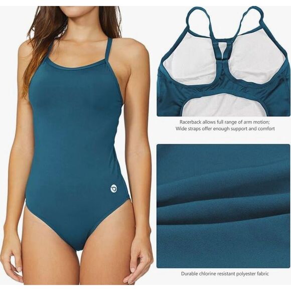 NEW Baleaf Athletic One Piece Training Swimsuit NWT Size 44 Adj Straps Teal - Picture 5 of 8